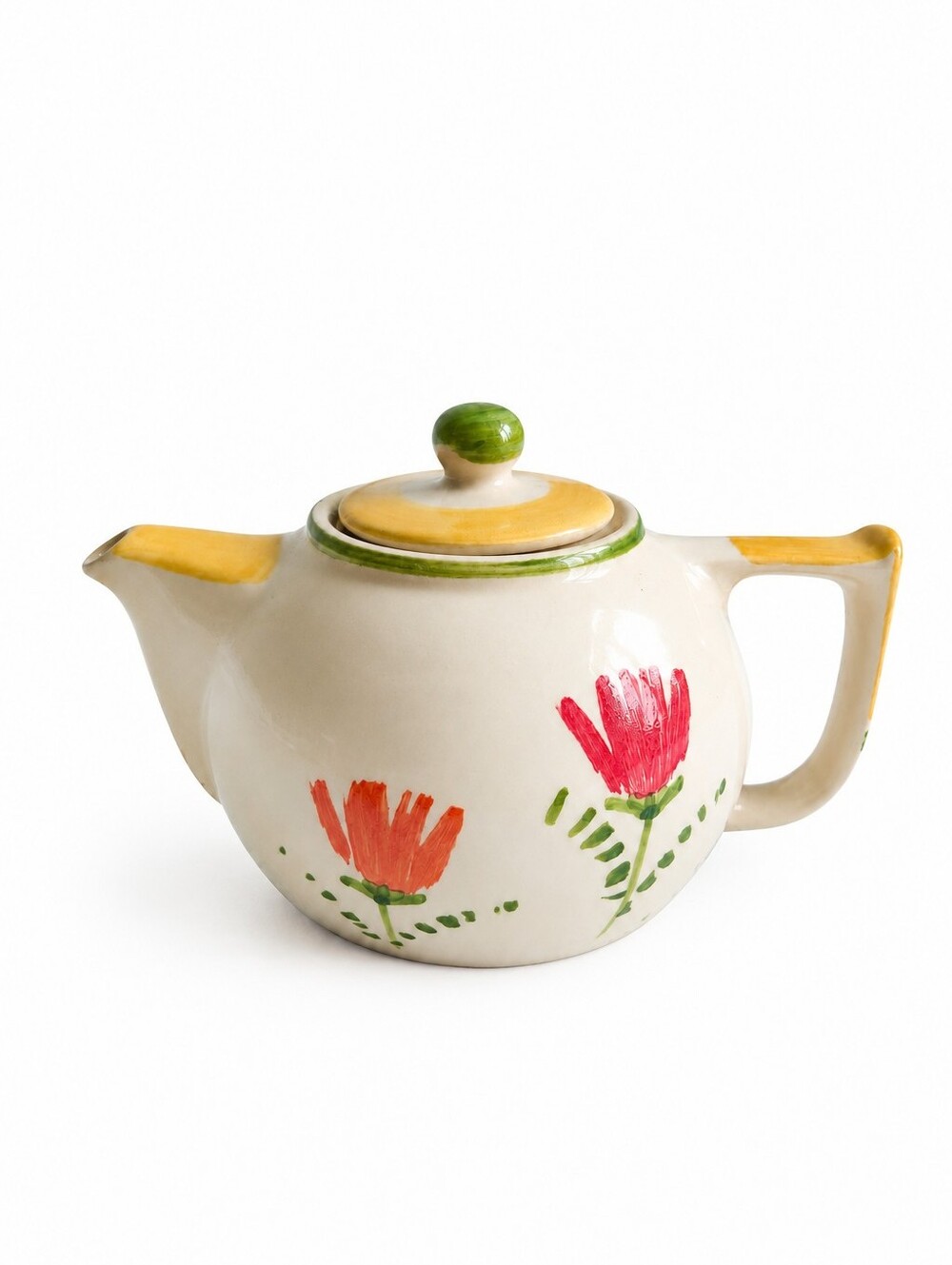 Dorika Hand-Painted Floral Ceramic Teapot in Cream, Pink and Orange